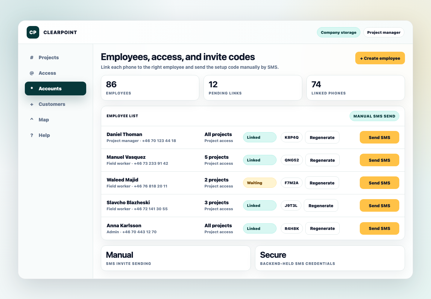 ClearPoint admin employee list showing project access, linked phones, invite codes, and manual SMS sending.